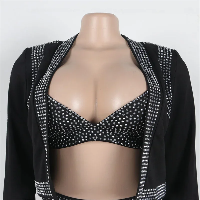 Sparkly Diamonds 3 Piece Short Sets Woman Outfits Rhinestones Luxury Birthday Cropped Jacket Top and Bra and Shorts Set Clubwear