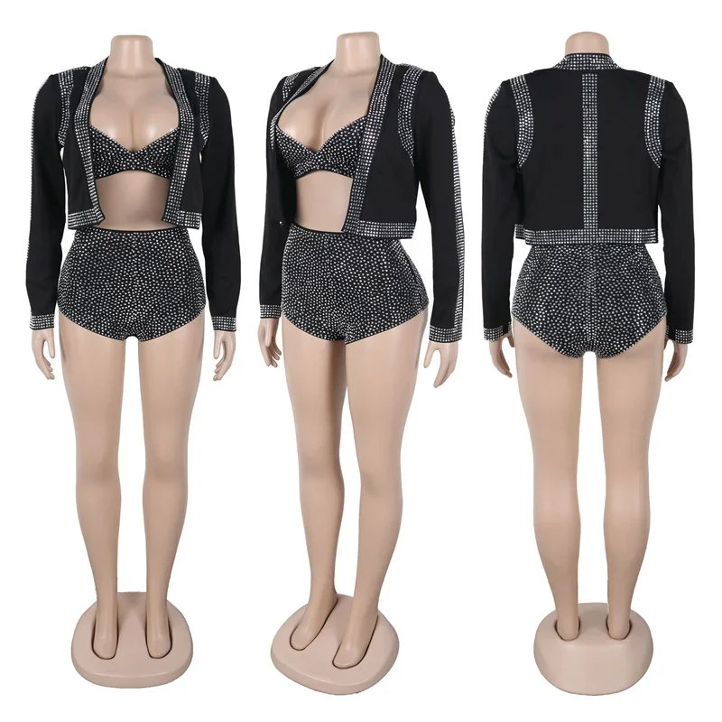 Sparkly Diamonds 3 Piece Short Sets Woman Outfits Rhinestones Luxury Birthday Cropped Jacket Top and Bra and Shorts Set Clubwear