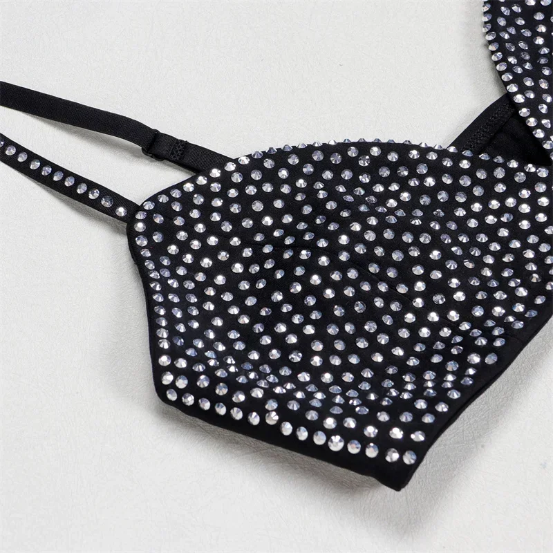 Sparkly Diamonds 3 Piece Short Sets Woman Outfits Rhinestones Luxury Birthday Cropped Jacket Top and Bra and Shorts Set Clubwear