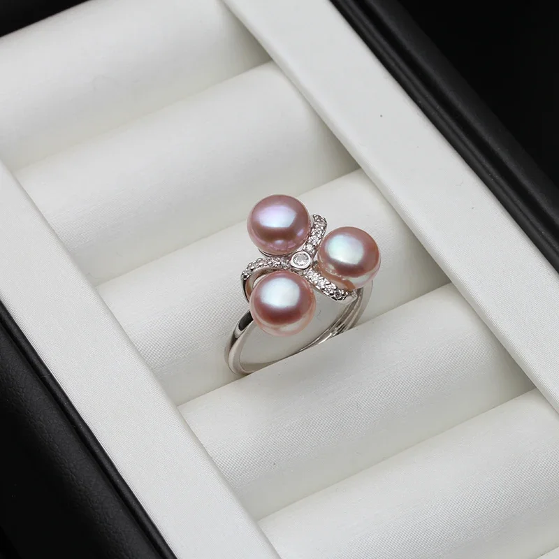 Wedding 925 Sterling Silver Pearl Ring Adjustable Woman,White Natural Freshwater Ring With Real Pearls Wife Mother Gift Black