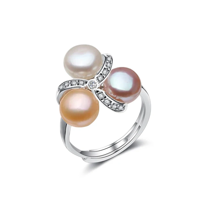 Wedding 925 Sterling Silver Pearl Ring Adjustable Woman,White Natural Freshwater Ring With Real Pearls Wife Mother Gift Black