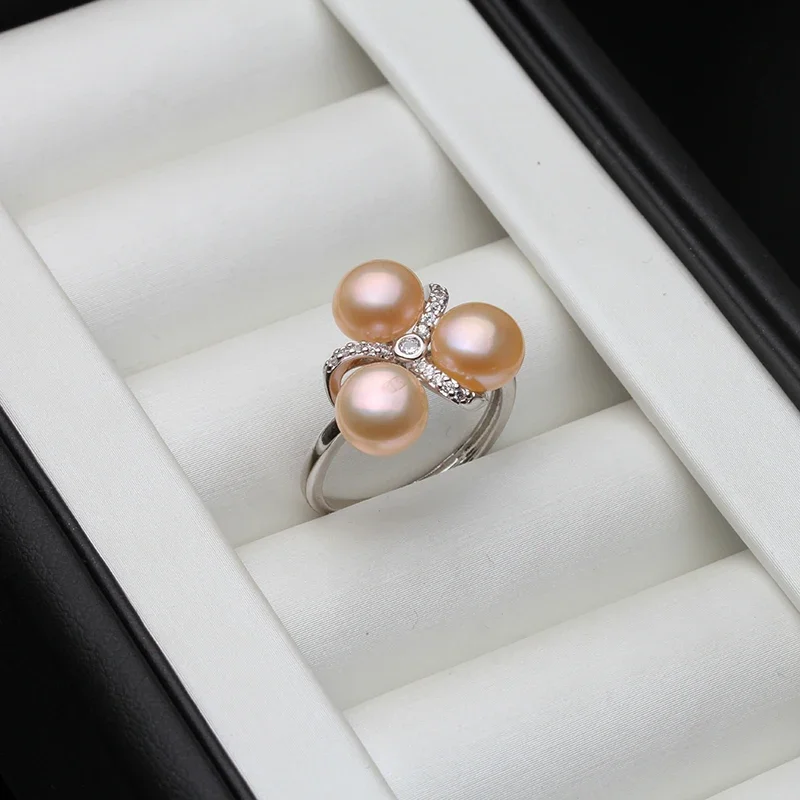 Wedding 925 Sterling Silver Pearl Ring Adjustable Woman,White Natural Freshwater Ring With Real Pearls Wife Mother Gift Black