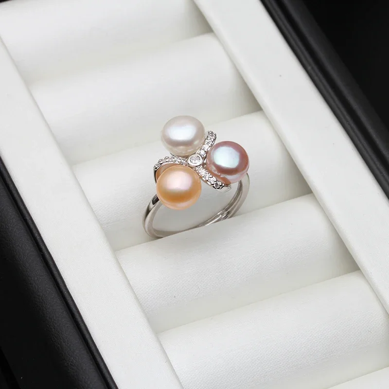 Wedding 925 Sterling Silver Pearl Ring Adjustable Woman,White Natural Freshwater Ring With Real Pearls Wife Mother Gift Black