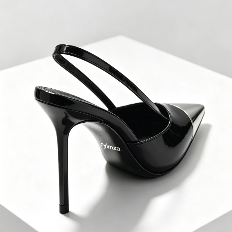 Novelty Metal Pointed Toe High Heels Women 2026 New Elegant Slingback Heeled Sandals Sexy Black Patent Leather Designer Shoes