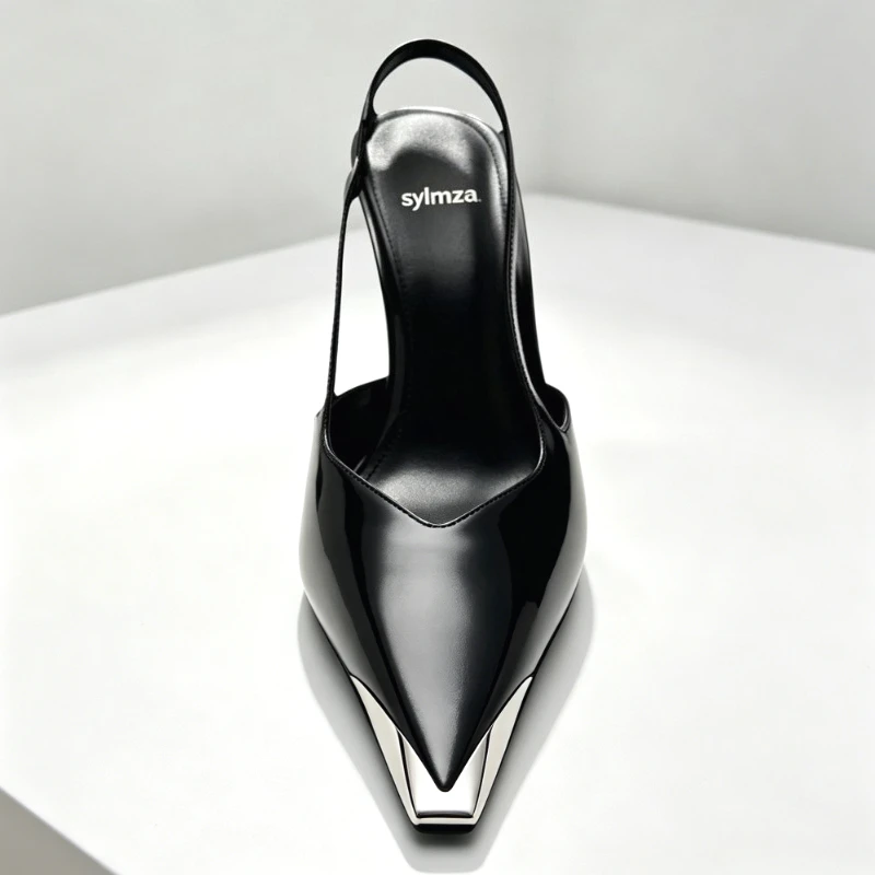 Novelty Metal Pointed Toe High Heels Women 2026 New Elegant Slingback Heeled Sandals Sexy Black Patent Leather Designer Shoes