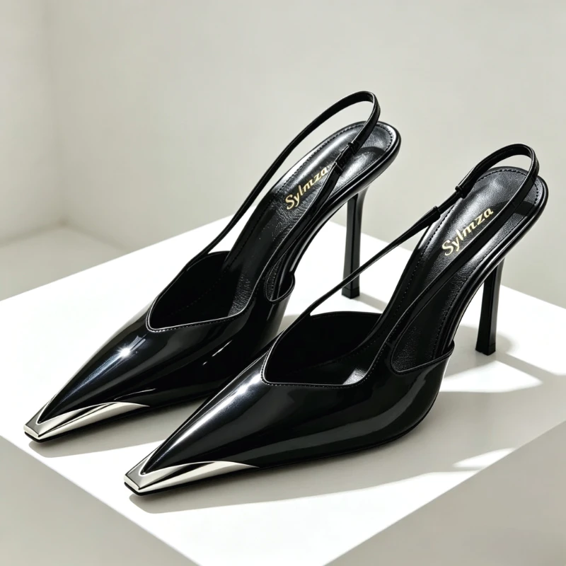 Novelty Metal Pointed Toe High Heels Women 2026 New Elegant Slingback Heeled Sandals Sexy Black Patent Leather Designer Shoes