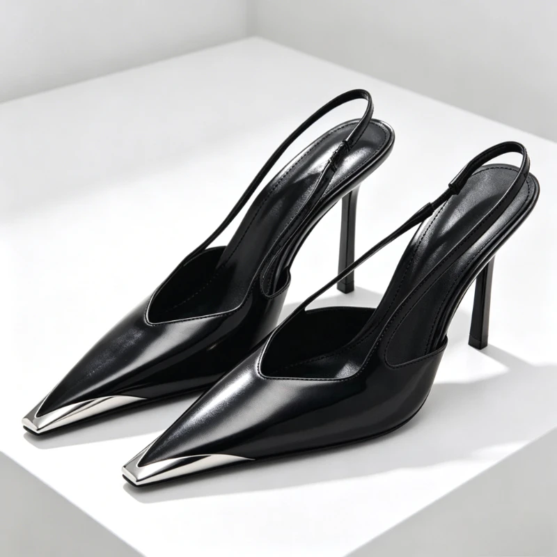 Novelty Metal Pointed Toe High Heels Women 2026 New Elegant Slingback Heeled Sandals Sexy Black Patent Leather Designer Shoes
