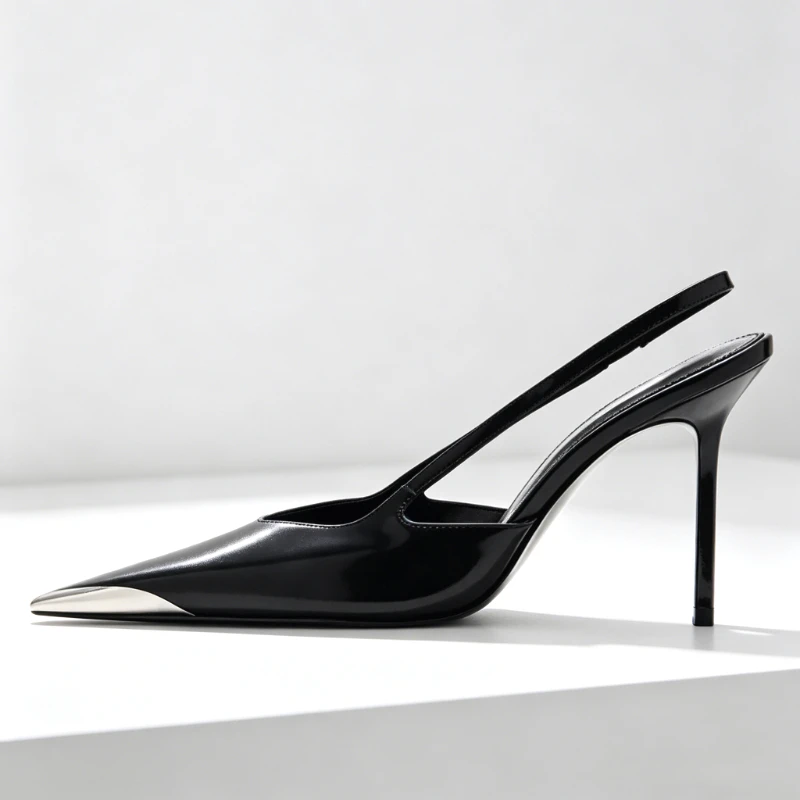 Novelty Metal Pointed Toe High Heels Women 2026 New Elegant Slingback Heeled Sandals Sexy Black Patent Leather Designer Shoes