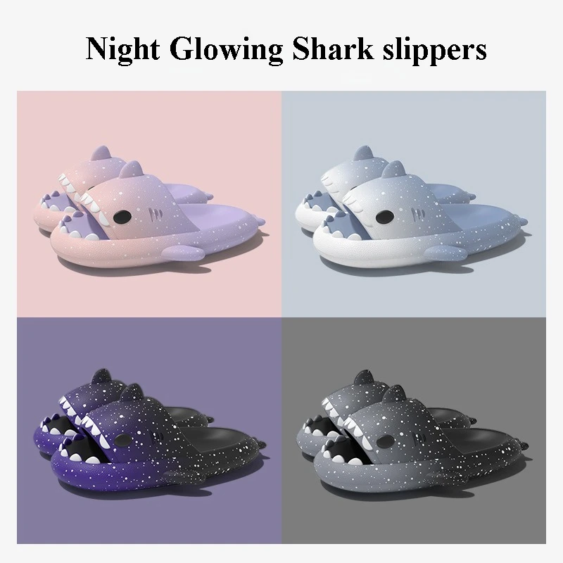 Cute Cartoon Shark Slippers For Women Men Gradient Color Summer Platform Shoes Night Glowing Style Couples Home Street Slides