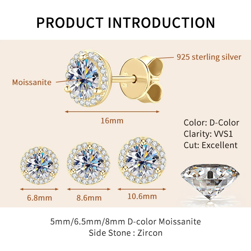Lnngy Sparkling 5MM 6.5MM 8MM Certified Moissanite Earrings 925 Sterling Silver Round Stud Earring 2025 New Women Jewelry Gift