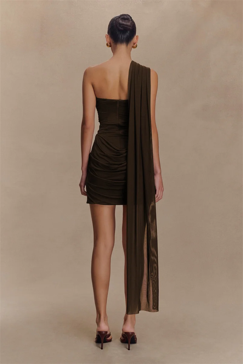 Mozision One Shoulder Backless Sexy Mini Dress Women Fashion Off-shoulder Sleeveless Backless Draped Ruched Bodycon Club Dress
