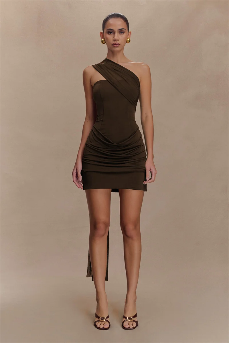 Mozision One Shoulder Backless Sexy Mini Dress Women Fashion Off-shoulder Sleeveless Backless Draped Ruched Bodycon Club Dress