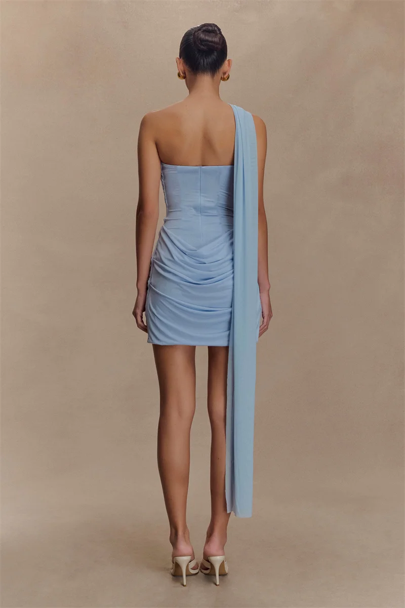 Mozision One Shoulder Backless Sexy Mini Dress Women Fashion Off-shoulder Sleeveless Backless Draped Ruched Bodycon Club Dress