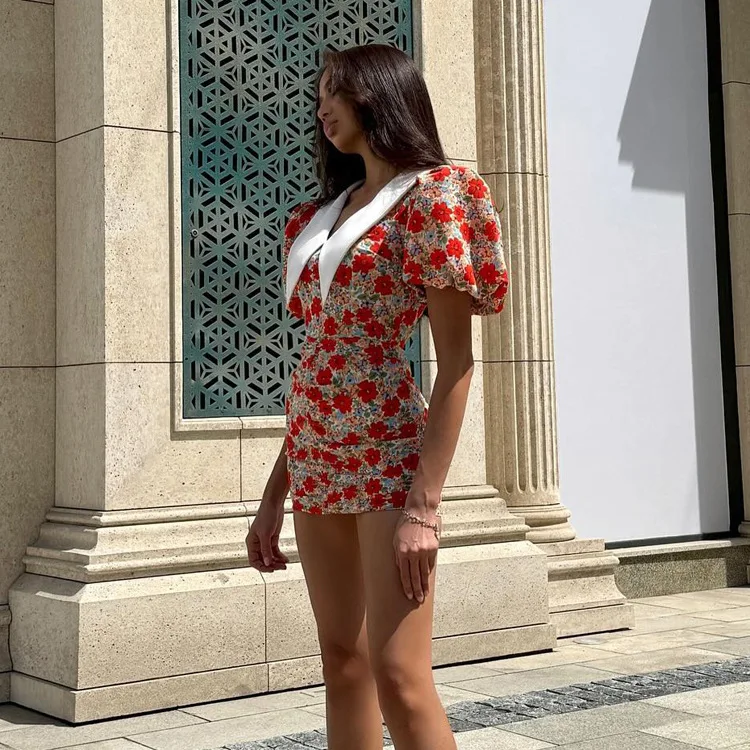 Mini Dress For Women Summer Printed Fashion Short Sleeve Contrast V-Neck Elegant Dress Female Bodycon Dress New
