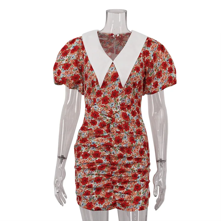Mini Dress For Women Summer Printed Fashion Short Sleeve Contrast V-Neck Elegant Dress Female Bodycon Dress New