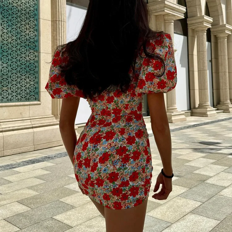 Mini Dress For Women Summer Printed Fashion Short Sleeve Contrast V-Neck Elegant Dress Female Bodycon Dress New