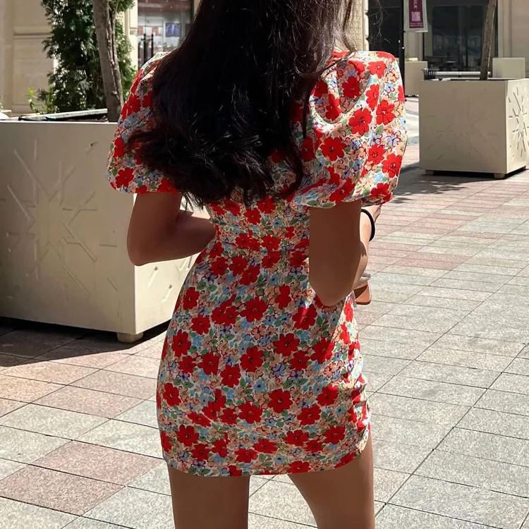 Mini Dress For Women Summer Printed Fashion Short Sleeve Contrast V-Neck Elegant Dress Female Bodycon Dress New
