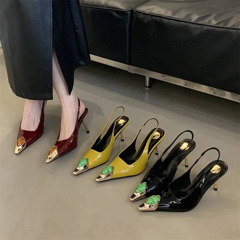Aneikeh Street Style Design Metal Square Head Diamonds Woman Pumps Sandals Elegant Sexy Low-heel Banquet Prom Slingbacks Shoes
