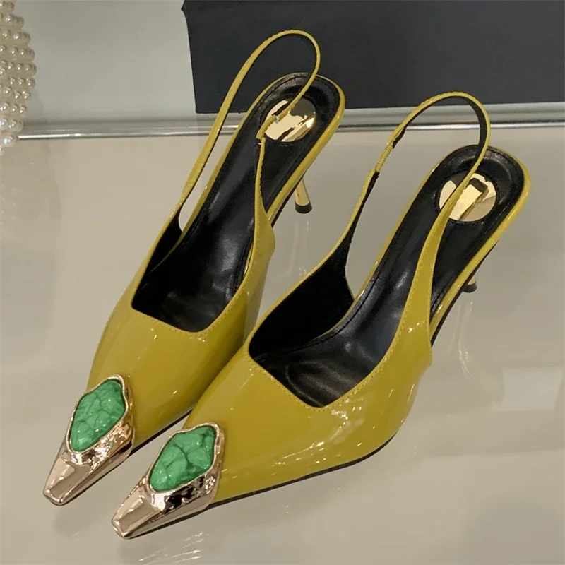 Aneikeh Street Style Design Metal Square Head Diamonds Woman Pumps Sandals Elegant Sexy Low-heel Banquet Prom Slingbacks Shoes