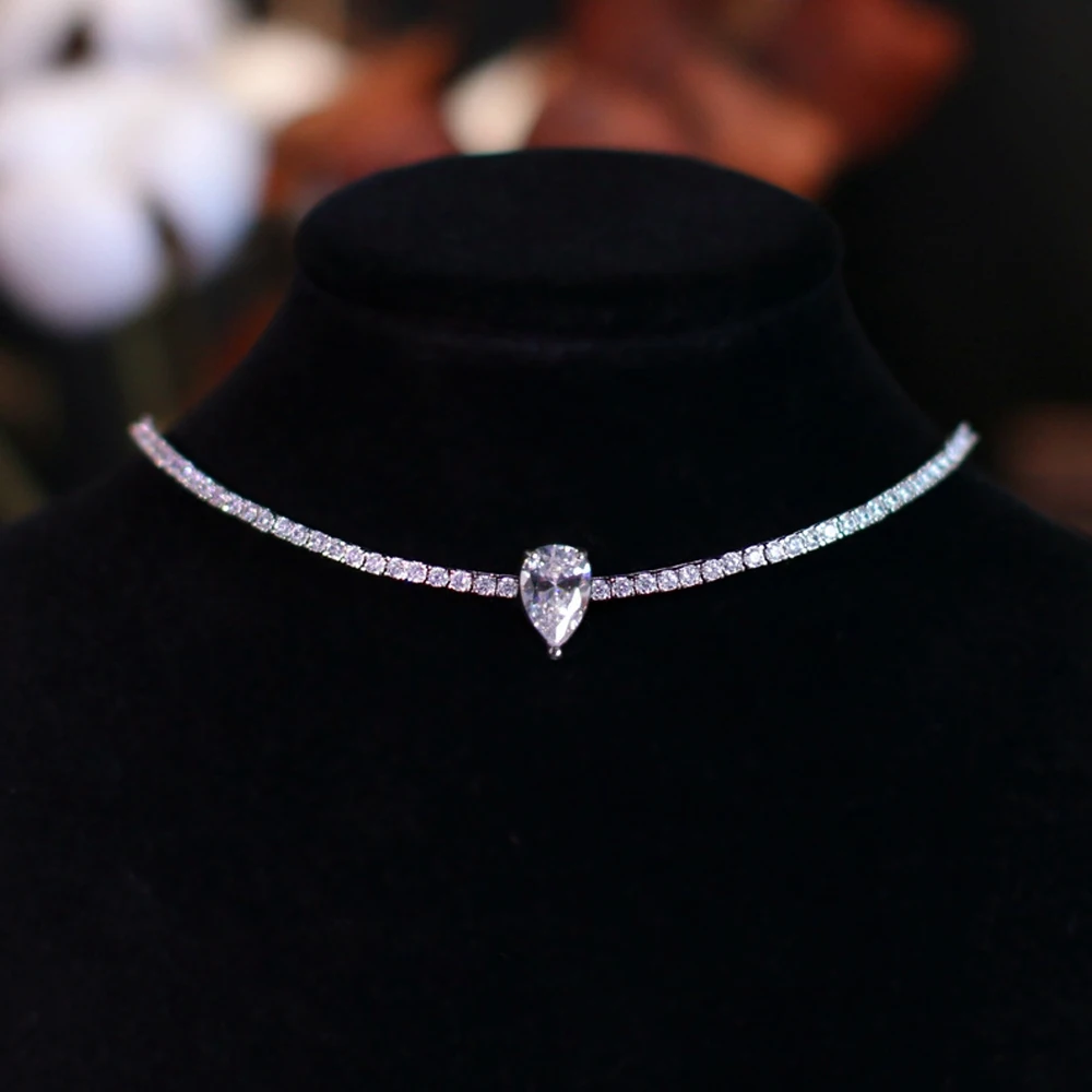 Certified Full Moissanite Riviera Tennis Necklace with Waterdrop Diamond Pendant for Women 925 Sterling Silver Adjustable Choker