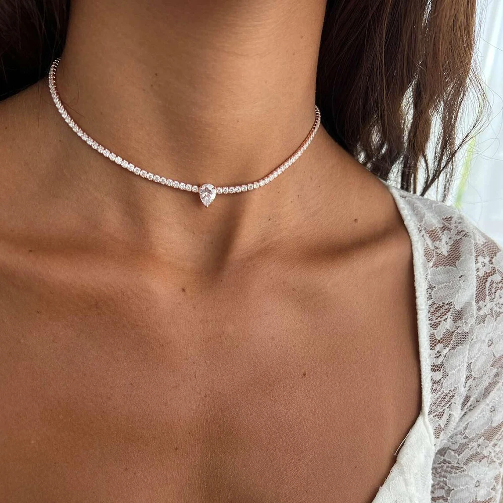 Certified Full Moissanite Riviera Tennis Necklace with Waterdrop Diamond Pendant for Women 925 Sterling Silver Adjustable Choker