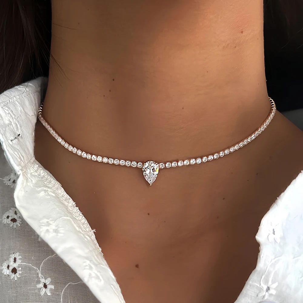 Certified Full Moissanite Riviera Tennis Necklace with Waterdrop Diamond Pendant for Women 925 Sterling Silver Adjustable Choker