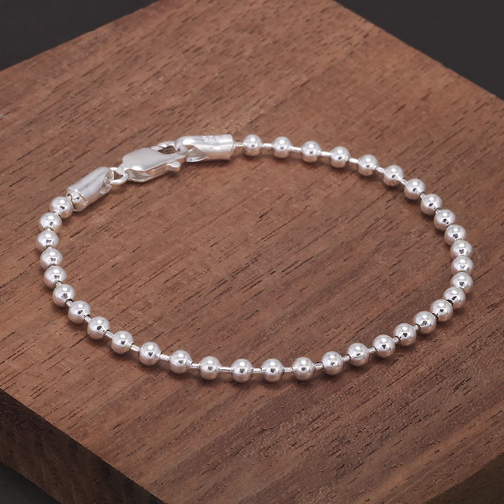 Real 925 Sterling Silver Handmade 3mm Bead Ball Strand Chain Bracelet Unisex Simple Classic Fashion Charm Hand Jewelry