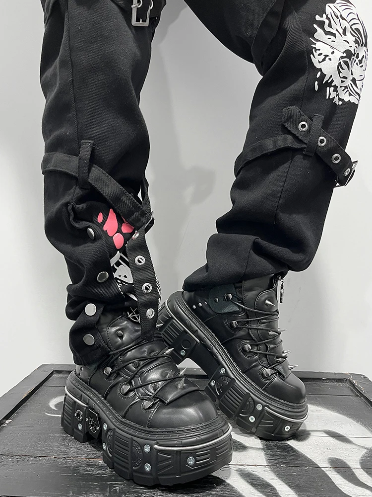 GMQM 2025 Women Flat Platform Ankle Boots Rock Punk Style Black High Heel Sneakers Round Toe Thick Sole Booties Metal Decor Y2k