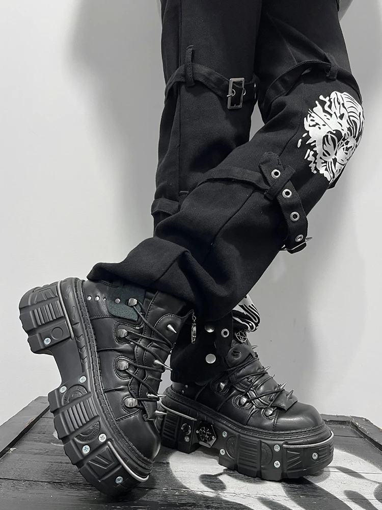 GMQM 2025 Women Flat Platform Ankle Boots Rock Punk Style Black High Heel Sneakers Round Toe Thick Sole Booties Metal Decor Y2k