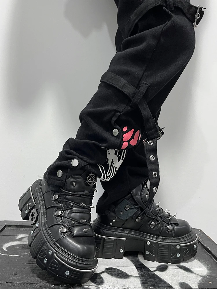 GMQM 2025 Women Flat Platform Ankle Boots Rock Punk Style Black High Heel Sneakers Round Toe Thick Sole Booties Metal Decor Y2k