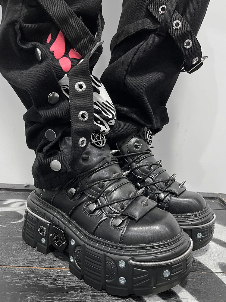 GMQM 2025 Women Flat Platform Ankle Boots Rock Punk Style Black High Heel Sneakers Round Toe Thick Sole Booties Metal Decor Y2k