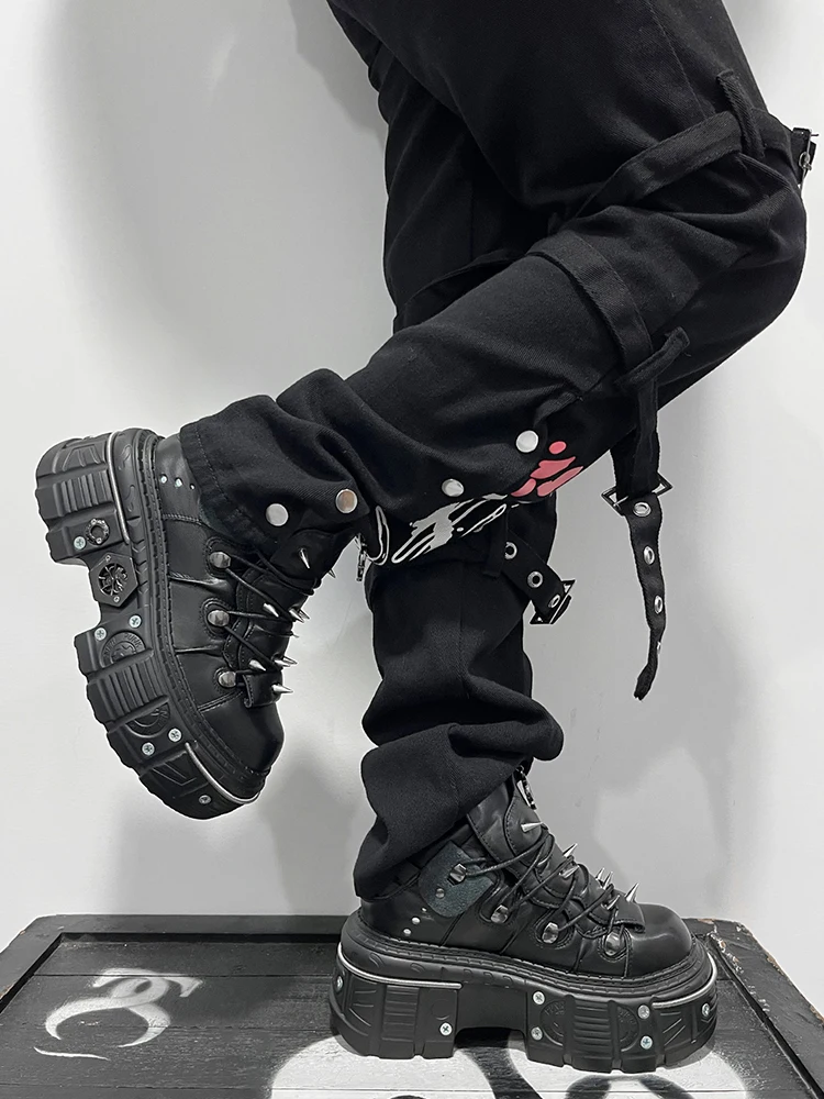 GMQM 2025 Women Flat Platform Ankle Boots Rock Punk Style Black High Heel Sneakers Round Toe Thick Sole Booties Metal Decor Y2k