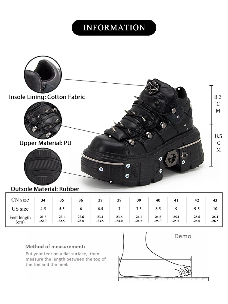GMQM 2025 Women Flat Platform Ankle Boots Rock Punk Style Black High Heel Sneakers Round Toe Thick Sole Booties Metal Decor Y2k