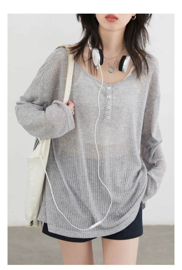 CHIC VEN Women T-Shirts Casual Loose New Slightly Transparent O Neck Female Top Thin Sun Protection Tees Spring Summer 2025