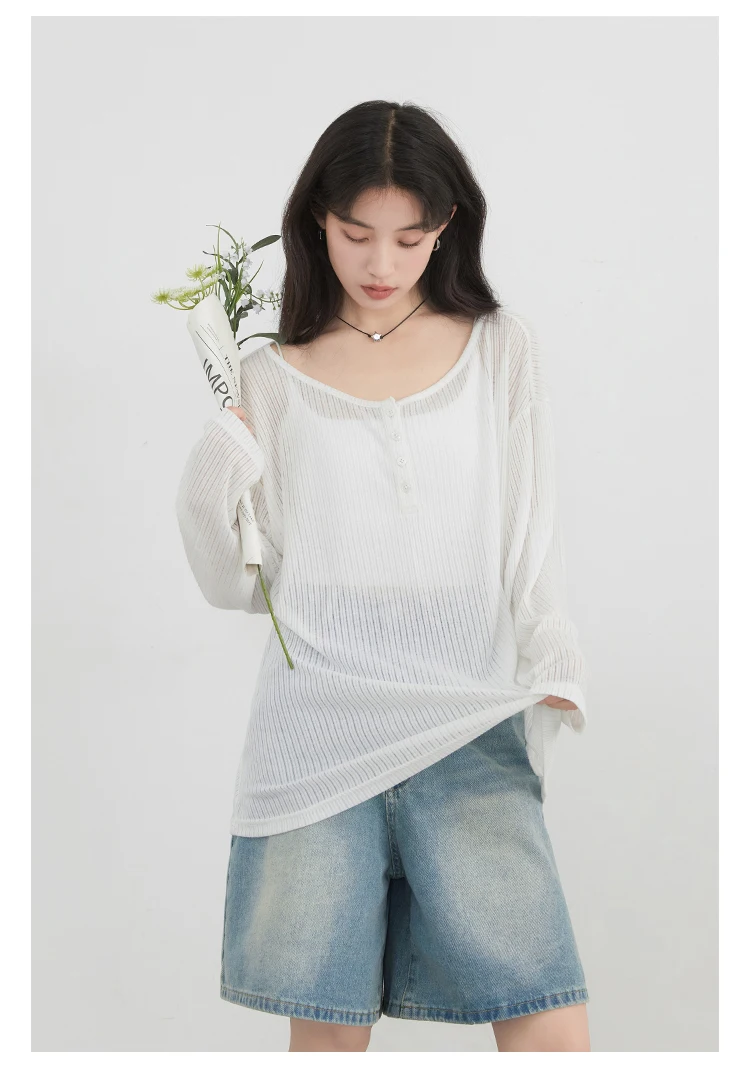 CHIC VEN Women T-Shirts Casual Loose New Slightly Transparent O Neck Female Top Thin Sun Protection Tees Spring Summer 2025