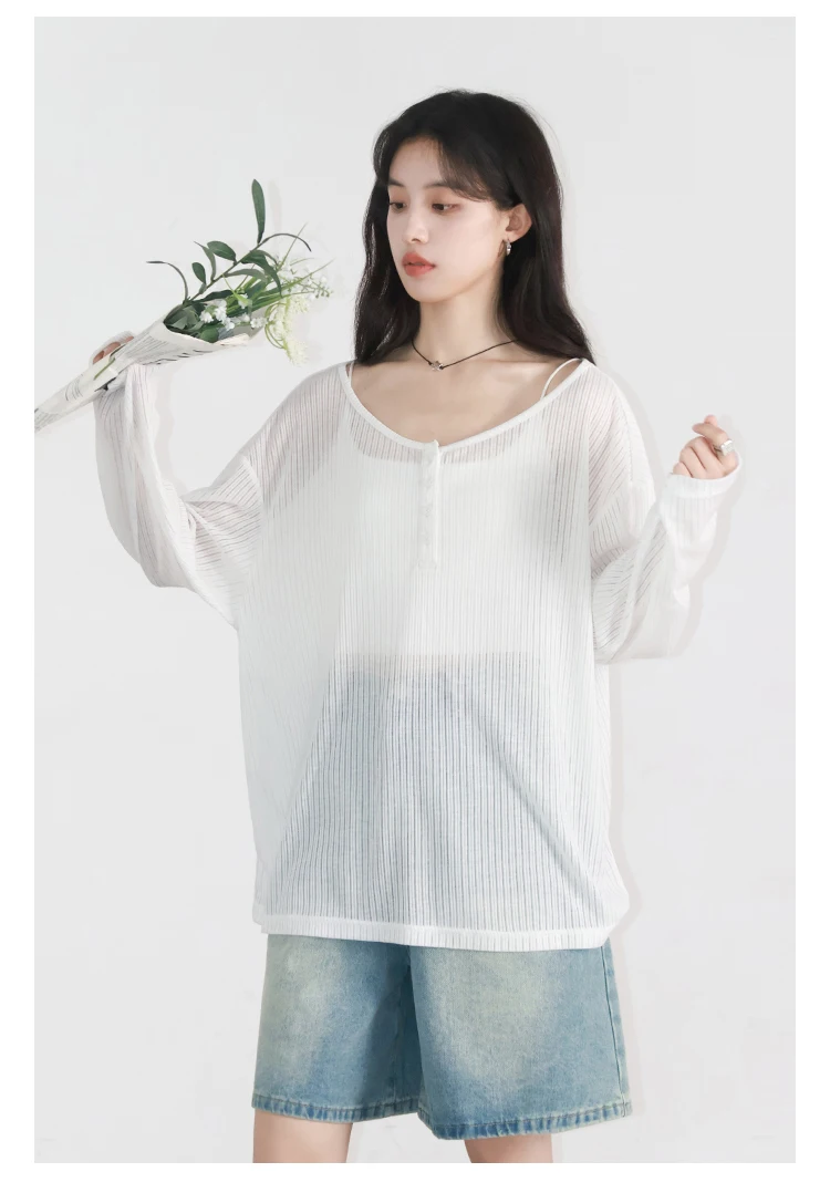 CHIC VEN Women T-Shirts Casual Loose New Slightly Transparent O Neck Female Top Thin Sun Protection Tees Spring Summer 2025