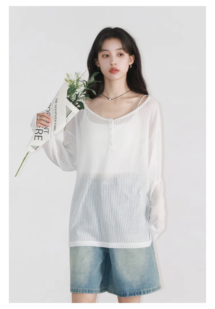 CHIC VEN Women T-Shirts Casual Loose New Slightly Transparent O Neck Female Top Thin Sun Protection Tees Spring Summer 2025