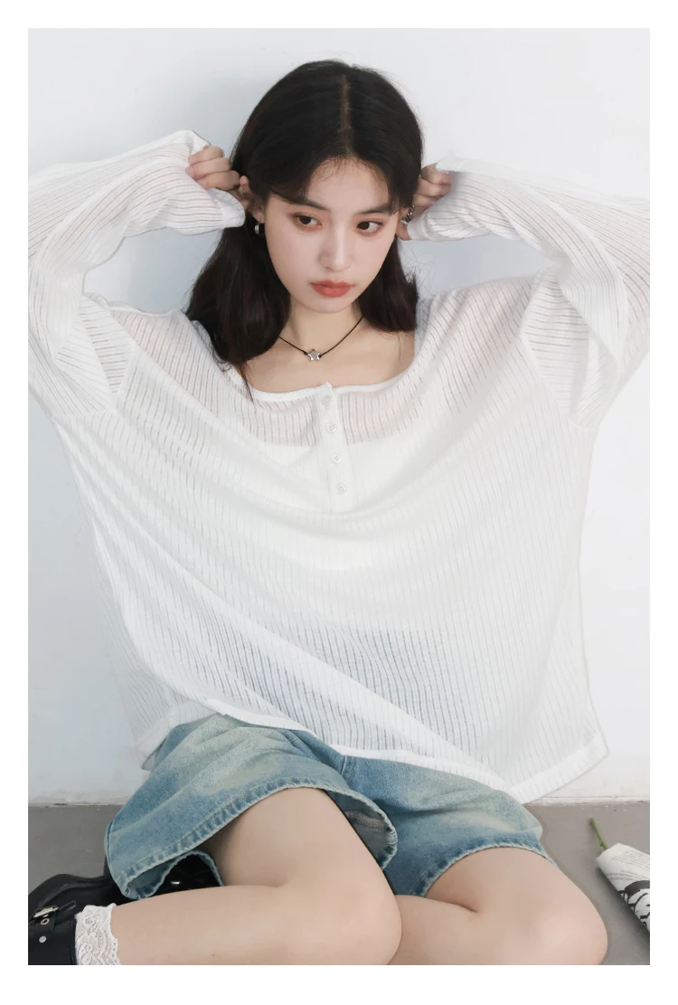CHIC VEN Women T-Shirts Casual Loose New Slightly Transparent O Neck Female Top Thin Sun Protection Tees Spring Summer 2025