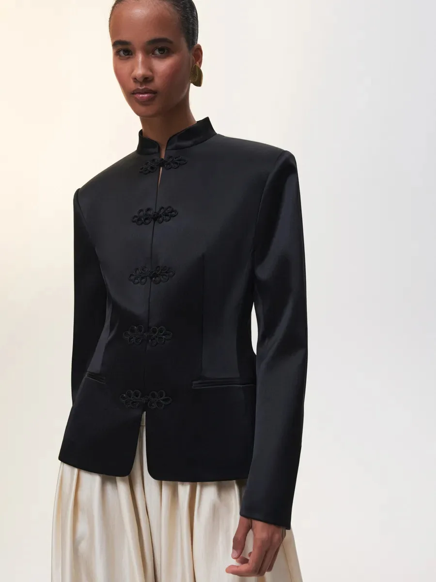 PUAL 2025 New Chinese Style Blazer | Mandarin Collar Frog Closure Jacket | Structured Shoulder Satin Blazer | Elegant Vintage
