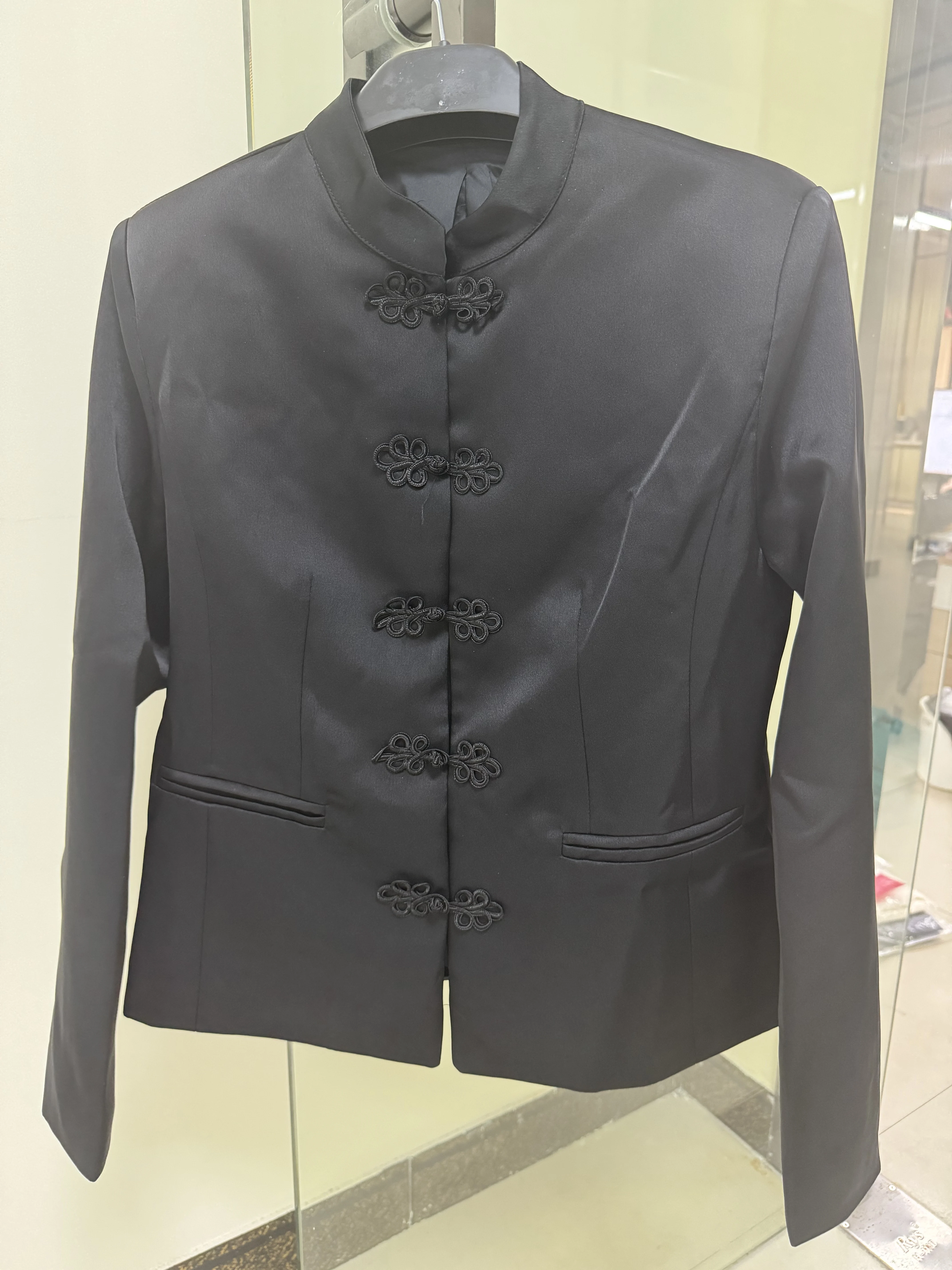 PUAL 2025 New Chinese Style Blazer | Mandarin Collar Frog Closure Jacket | Structured Shoulder Satin Blazer | Elegant Vintage