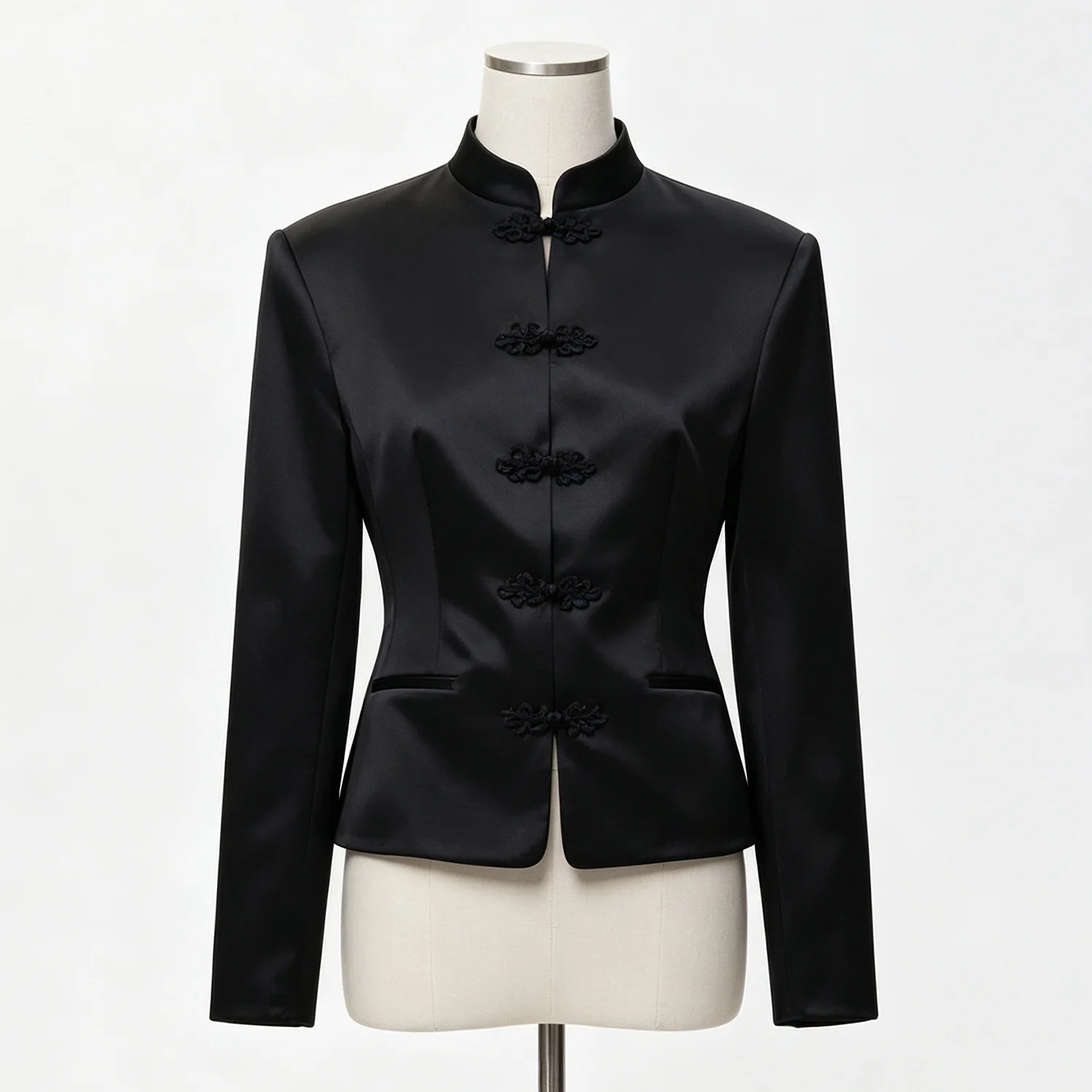 PUAL 2025 New Chinese Style Blazer | Mandarin Collar Frog Closure Jacket | Structured Shoulder Satin Blazer | Elegant Vintage