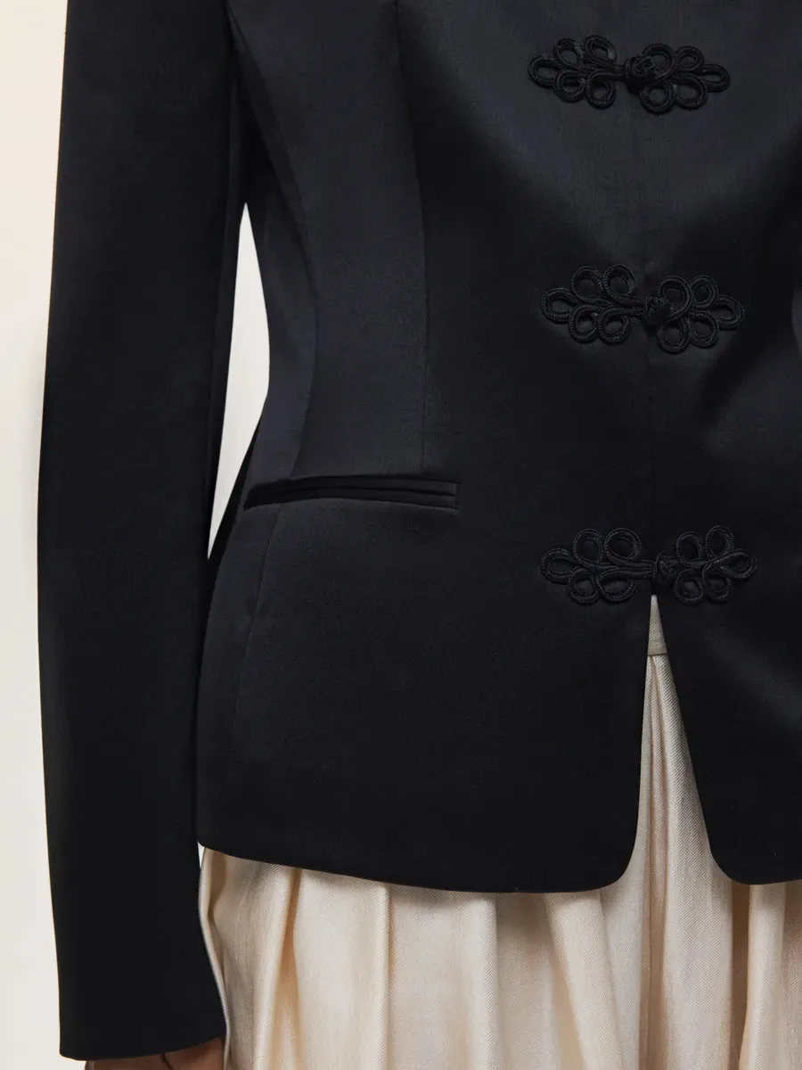 PUAL 2025 New Chinese Style Blazer | Mandarin Collar Frog Closure Jacket | Structured Shoulder Satin Blazer | Elegant Vintage