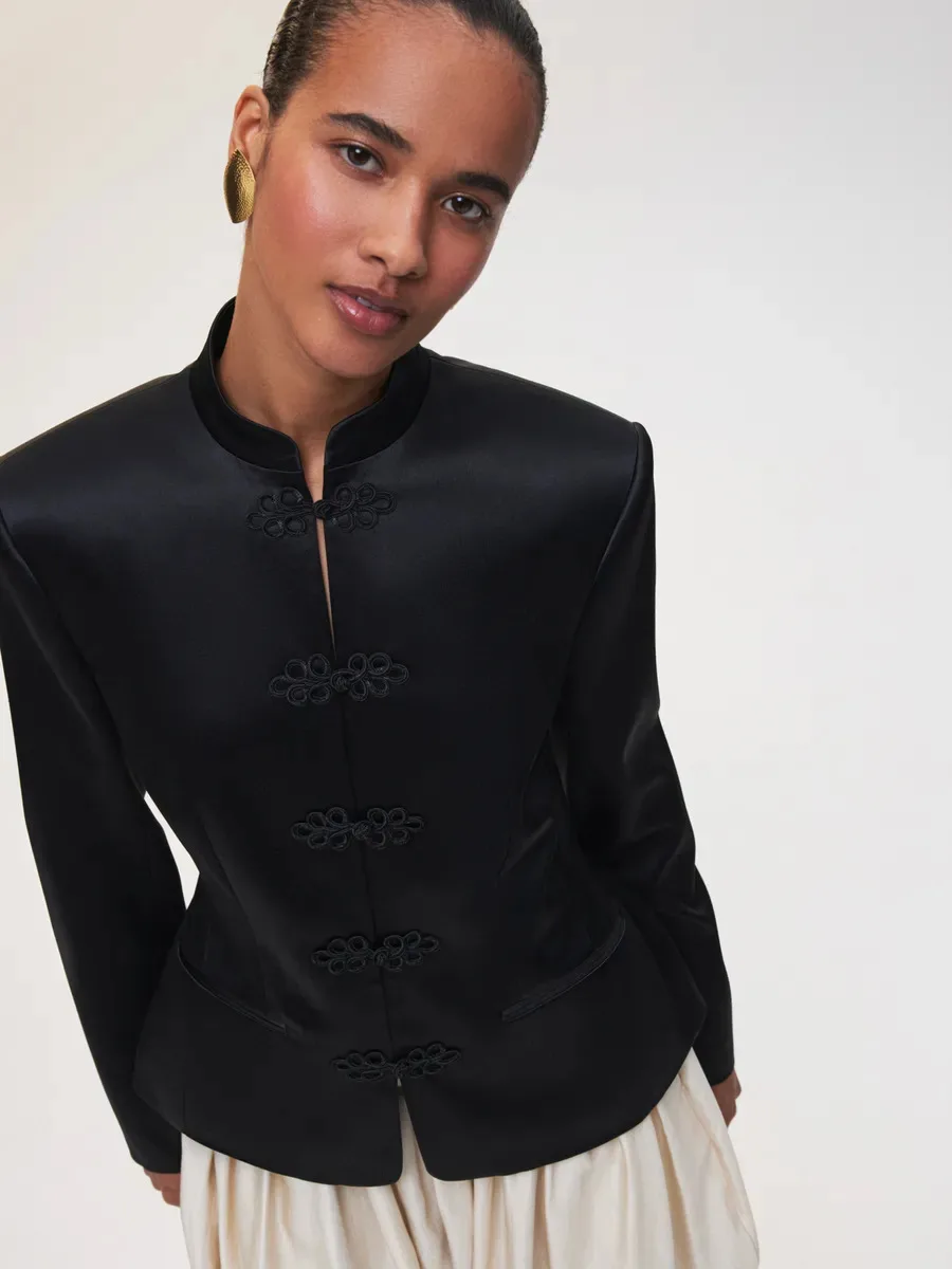 PUAL 2025 New Chinese Style Blazer | Mandarin Collar Frog Closure Jacket | Structured Shoulder Satin Blazer | Elegant Vintage