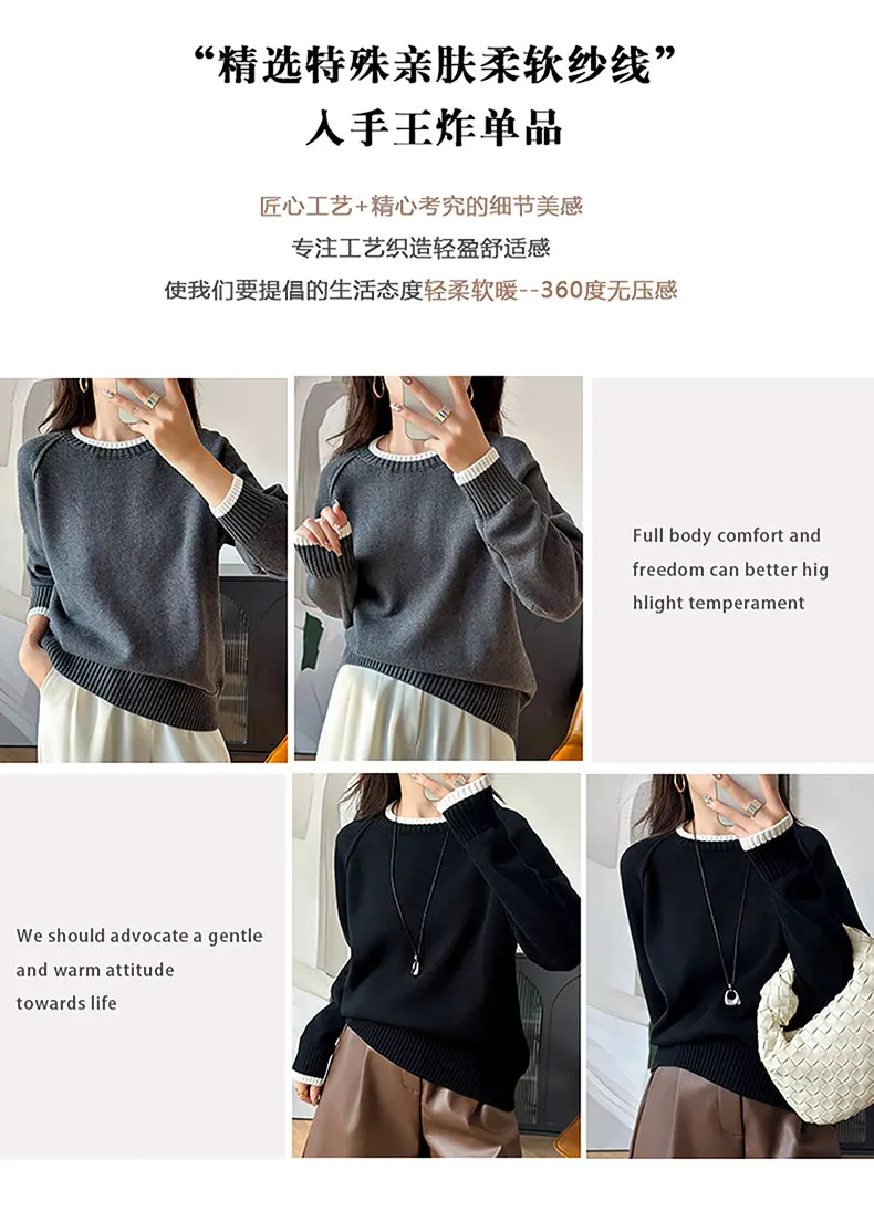 YTFidio 100% Cotton Women O-neck Thick collar with white border Pullover Sweater Luxury Designer Clothing Plus Size 397