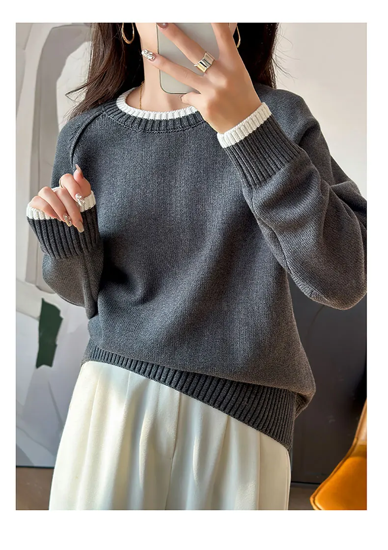 YTFidio 100% Cotton Women O-neck Thick collar with white border Pullover Sweater Luxury Designer Clothing Plus Size 397