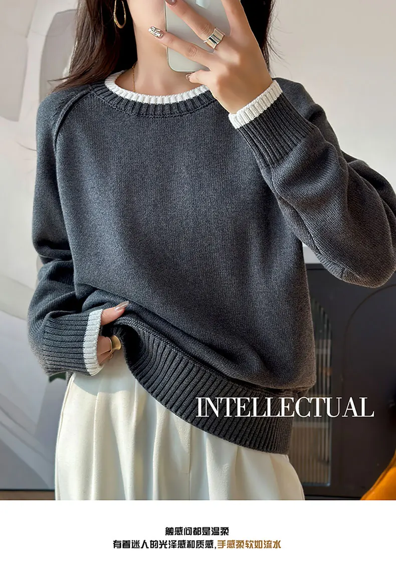YTFidio 100% Cotton Women O-neck Thick collar with white border Pullover Sweater Luxury Designer Clothing Plus Size 397