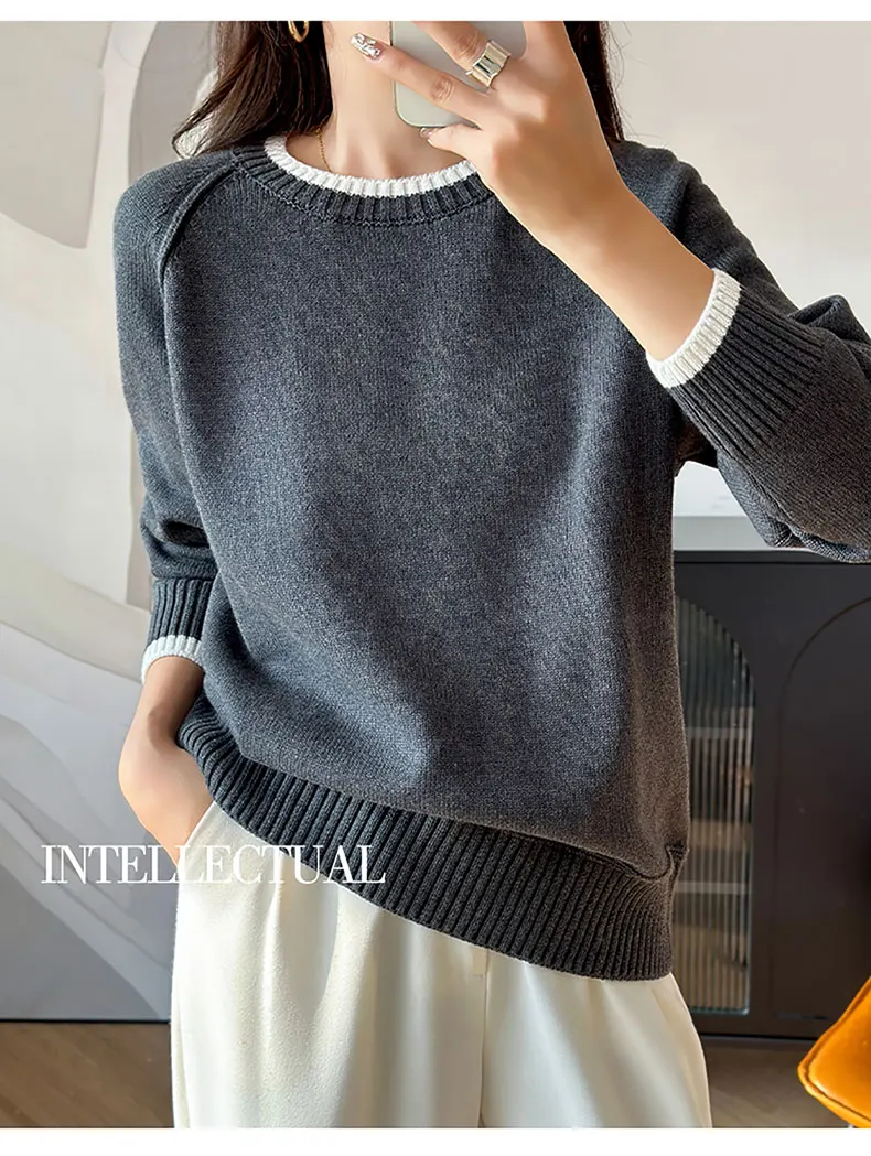 YTFidio 100% Cotton Women O-neck Thick collar with white border Pullover Sweater Luxury Designer Clothing Plus Size 397