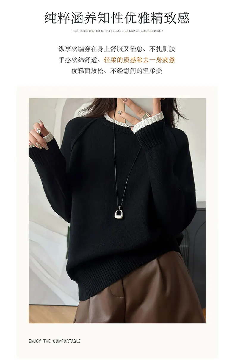 YTFidio 100% Cotton Women O-neck Thick collar with white border Pullover Sweater Luxury Designer Clothing Plus Size 397