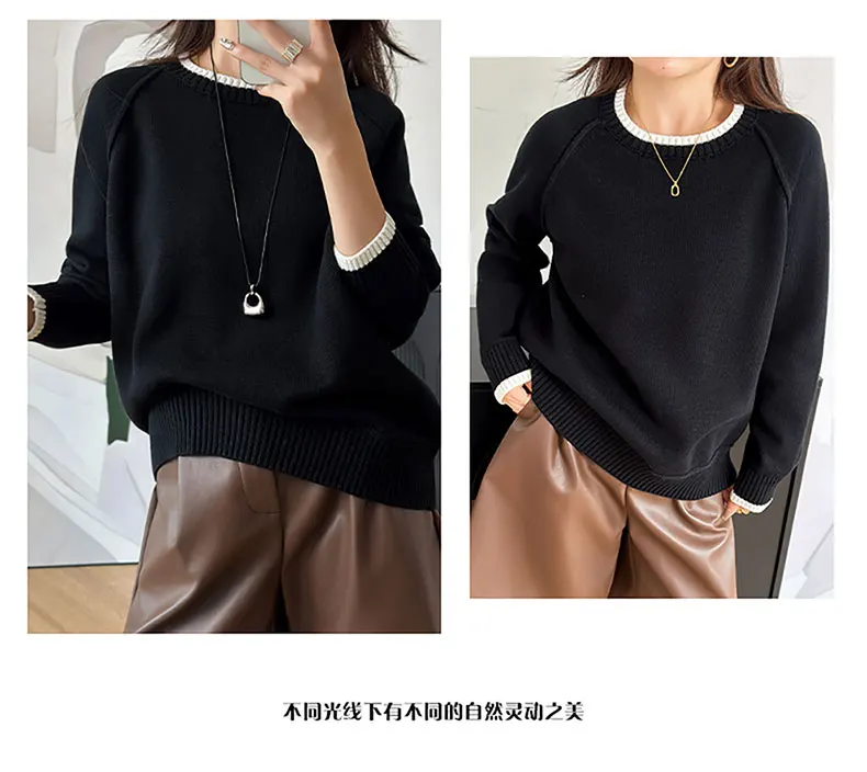 YTFidio 100% Cotton Women O-neck Thick collar with white border Pullover Sweater Luxury Designer Clothing Plus Size 397