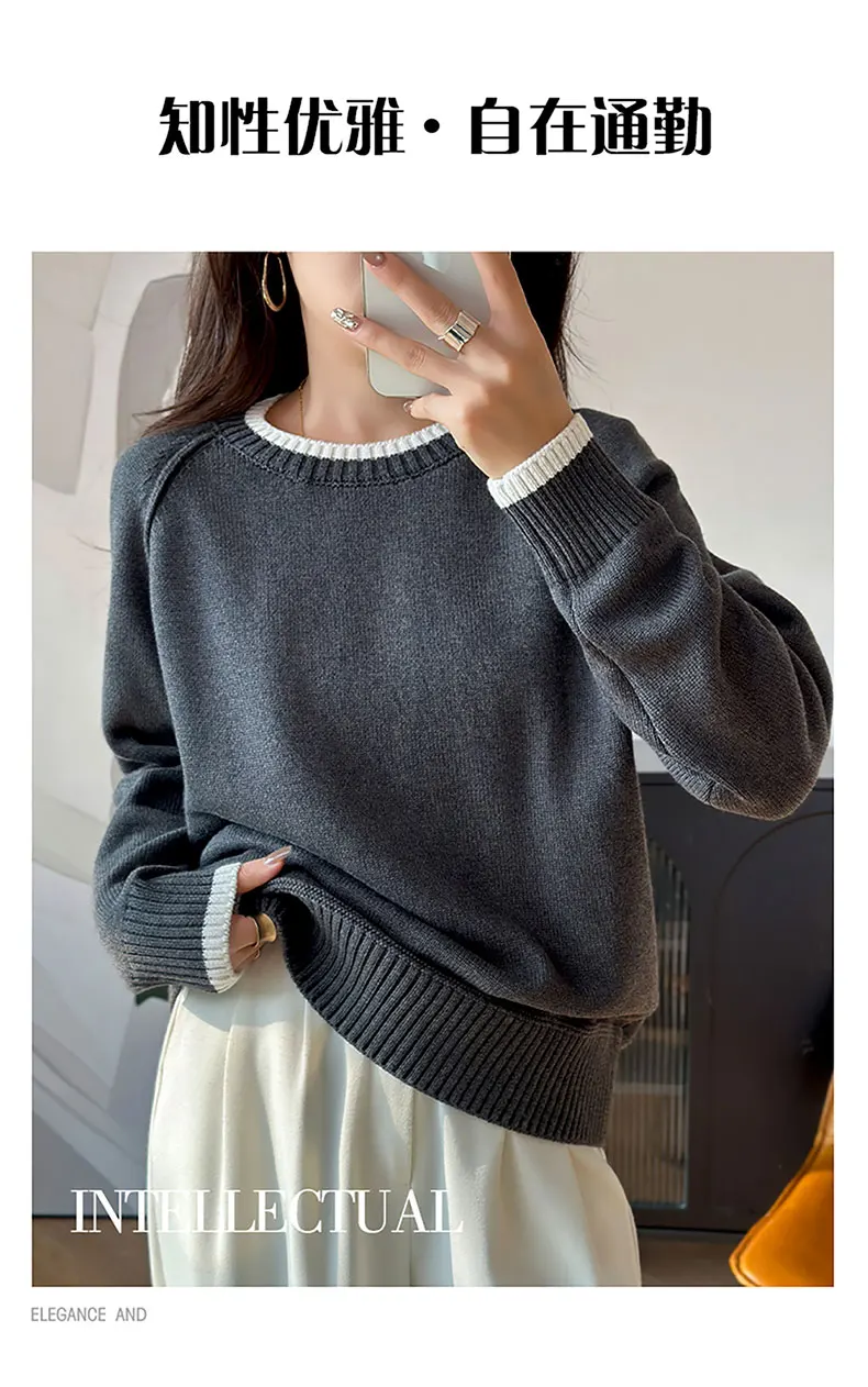 YTFidio 100% Cotton Women O-neck Thick collar with white border Pullover Sweater Luxury Designer Clothing Plus Size 397